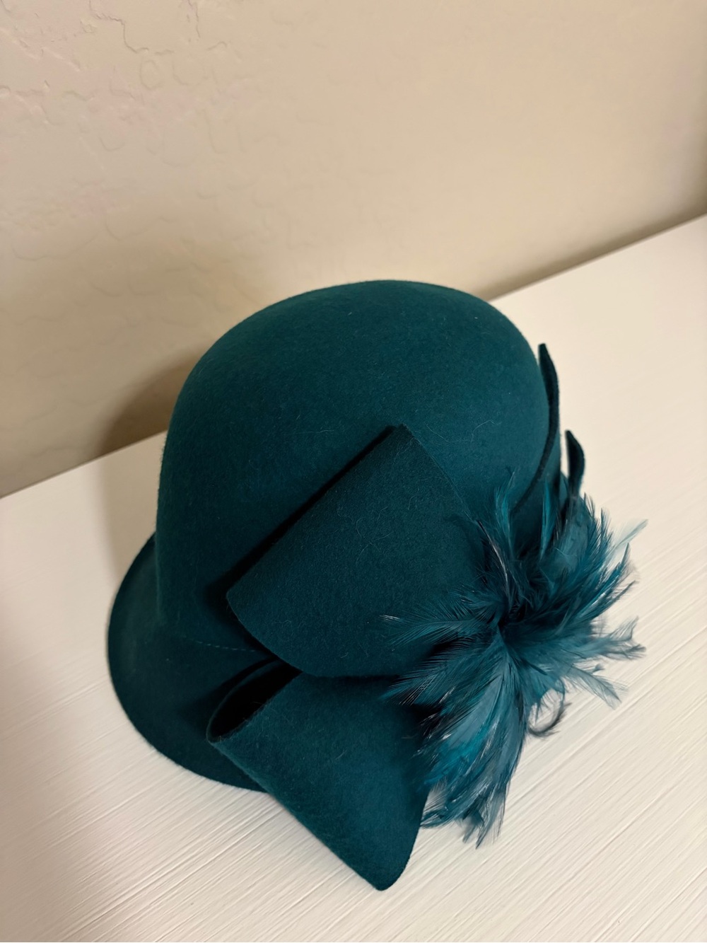 🦚🐴Vintage Derby Classic Teal 100% Wool Cloche Feather Bow Hat🐴🦚